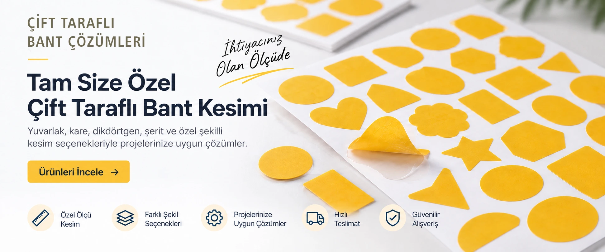 Farklı ölçü ve şekillerde hazırlanmış çift taraflı bantlar